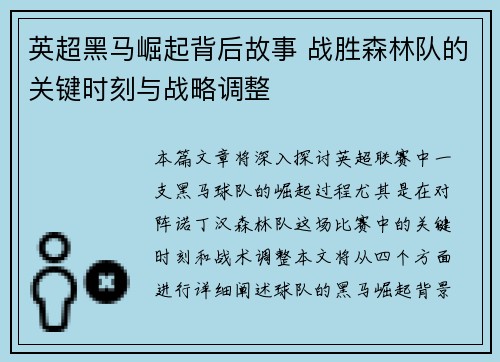 英超黑马崛起背后故事 战胜森林队的关键时刻与战略调整